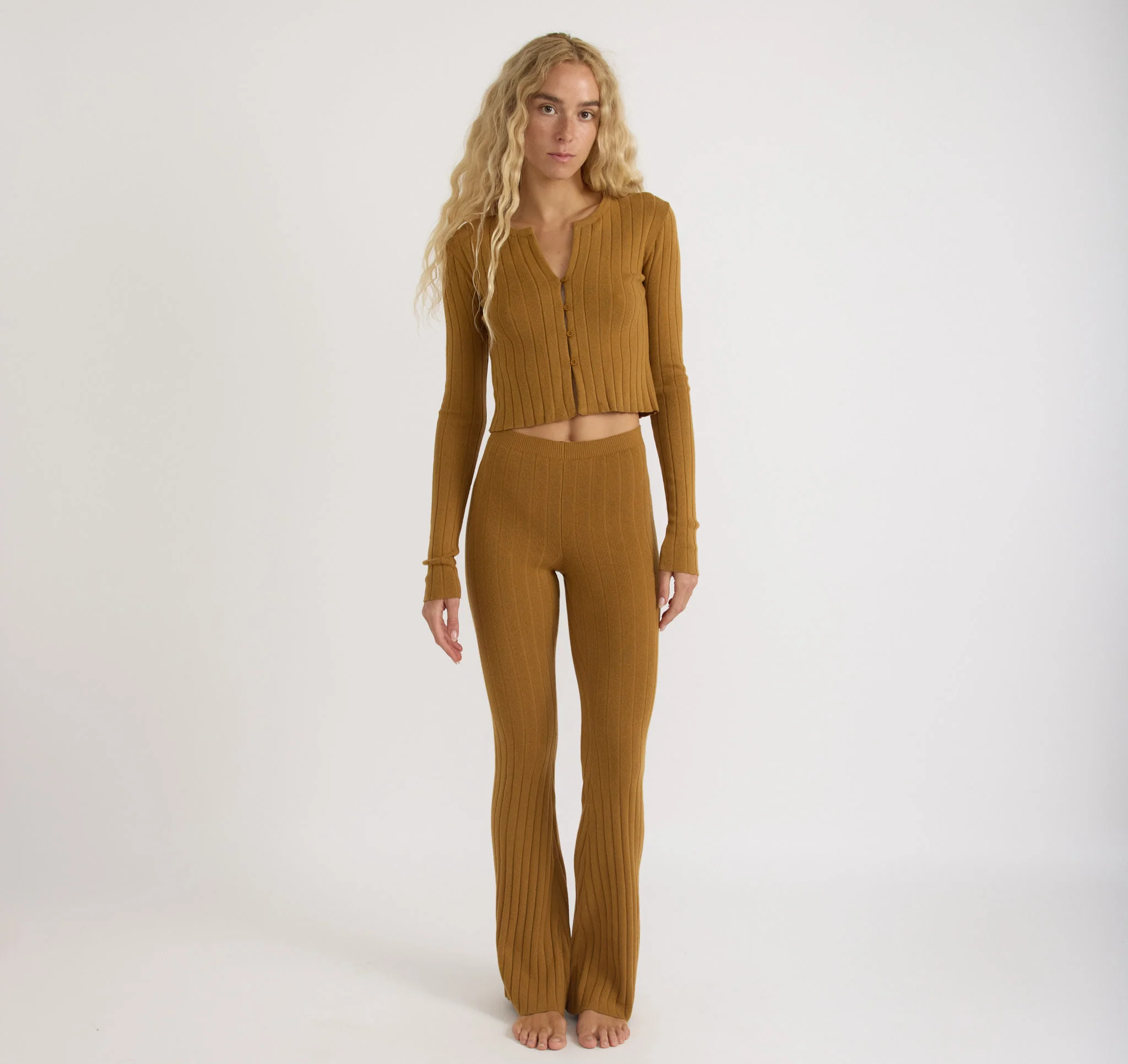 Soft Knit Rib High-Rise Flare Pants - Image 3